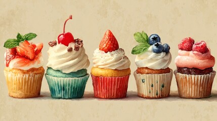 Set of watercolor cupcakes with fruits and berries isolated on white background.