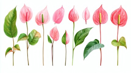 Watercolor texture botanic garden plant pink anthurium flamingo flower, Seamless watercolor pattern showcasing sanitariums, Watercolor clip art set of Pink Anthurium flower.