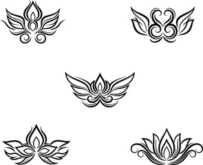 Fototapeta premium Elegant symmetrical blackwork tattoo designs featuring stylized floral lotuses with winged flourishes for vector body art.