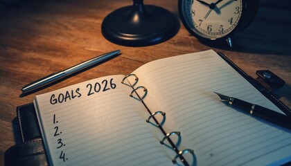 Notebook with &ldquo;Goals 2026&rdquo; and Clock &ndash; Planning and Time Management Concept 