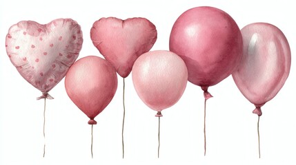 Set of pink watercolor balloons, isolated on white background
