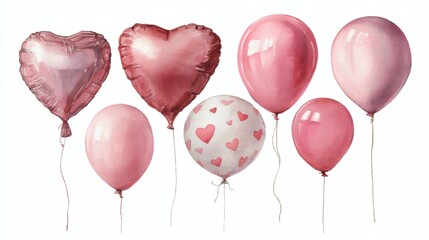 Set of pink watercolor balloons, isolated on white background