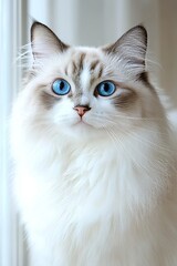 Close-Up Portrait of a Beautiful Balinese Cat with Blue Eyes and Soft Fur on White Background