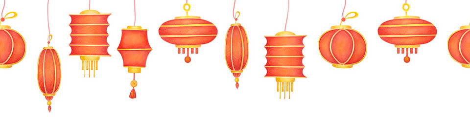 Chinese New Year seamless pattern with lanterns on white background. horizontal Spring Festival print for border frames packaging paper, wrapping gifts, watercolor scrapbooking wallpaper, ribbons