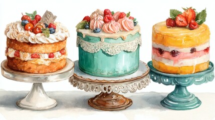 Delicious watercolor birthday cake and cupcake illustrations with candles and frosting, perfect for party invitations, menus, and festive designs.