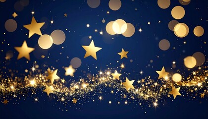 Golden Stars and Glitter Trail on Dark Blue Background with Bokeh Lights