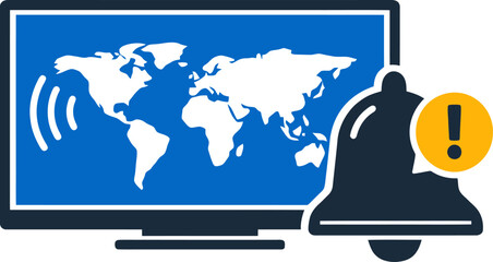 Flat Vector Illustration of Global News Alert Notification on Television Screen with World Map