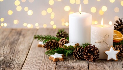 Christmas background with two burning candles, pine cones, star cookies, and fir branches on rustic wooden table with bokeh lights.