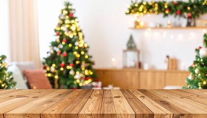 Empty Wooden Table Top with Blurred Christmas Living Room Background, Festive Holiday Decorations and Bokeh Lights