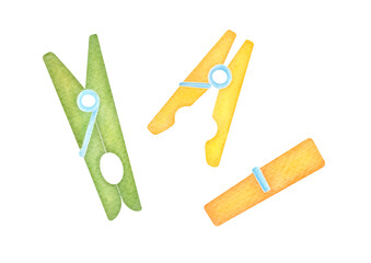 multicolored clothespins for laundry and crafts Collection. cute watercolor illustration set isolated on transparent background, clip art and cut out element design