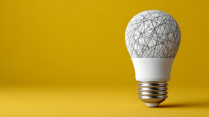 Abstract bulb with tangled wires on yellow background