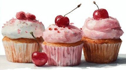 cupcake with cherries and cream watercolor illustration on a white background isolated