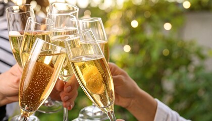 Celebration Toast with Sparkling Wine: Hands Clinking Champagne Flutes at a Festive Outdoor Event