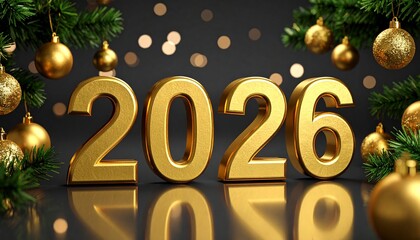Golden 2026 New Year Numbers with Festive Christmas Decorations and Bokeh Lights on Dark Background