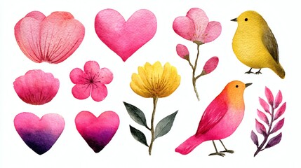 Set of watercolor flowers, leaves and hearts. Hand drawn illustration
