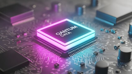 Quantum computer processor with glowing light. Modern technology on printed circuit board. Digital component for artificial intelligence future computing.