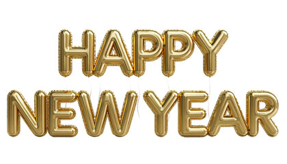 Golden balloon letters spelling 'happy new year' for festive greetings and celebrations isolated on transparent background