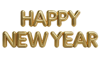 Golden balloon letters spelling 'happy new year' for festive greetings and celebrations isolated on transparent background