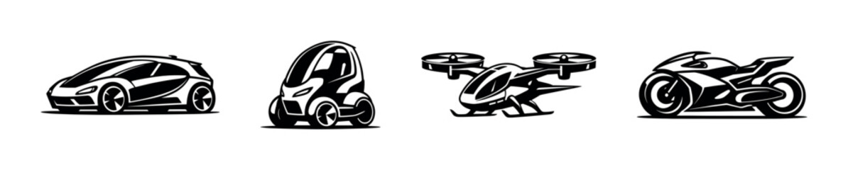 Obraz premium Futuristic vehicles vector illustration, flat vector style, cars, bikes, drones