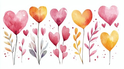 Set of watercolor flowers, leaves and hearts. Hand drawn illustration