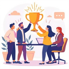 A group of people raises a gold cup against the background of charts. It is suitable for the promotion of technology with the best characteristics: energy efficiency, reliability, innovation