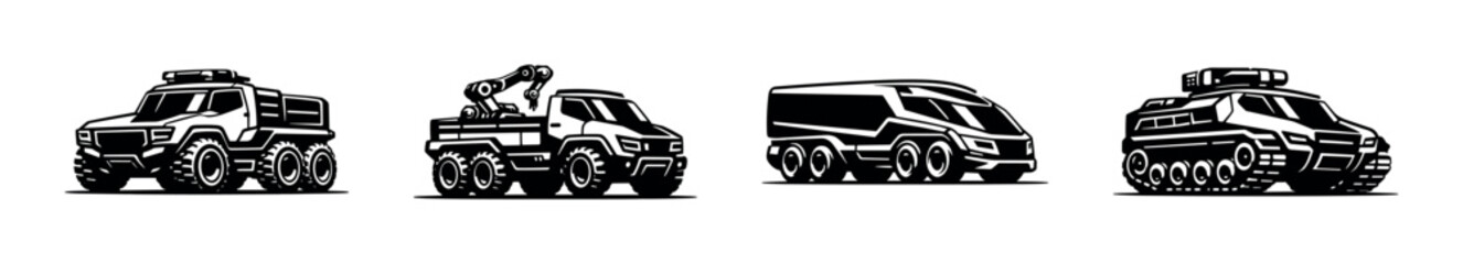 Obraz premium Futuristic vehicle collection, trucks, tanks and transport, flat vector illustration