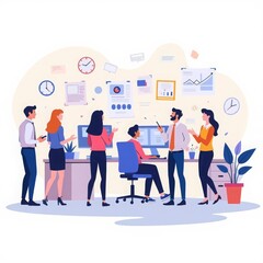 A modern office with a team, schedules and a clock on the wall. The background symbolizes the efficiency and time savings provided by household appliances for home and work.