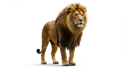 Obraz premium Majest�tischer L�we mit pr�chtiger M�hne steht elegant auf hellem Hintergrund detailliert beleuchtet. AI Generated