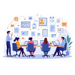 Fototapeta premium A modern office with a team, schedules and a clock on the wall. The background symbolizes the efficiency and time savings provided by household appliances for home and work.