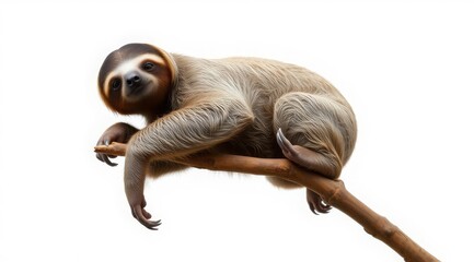 A sloth resting on a branch, on a white background. It is suitable for advertising silent household appliances, air conditioners or coffee machines that create an atmosphere of comfort and relaxation