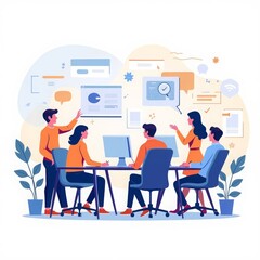 A modern office with a team, schedules and a clock on the wall. The background symbolizes the efficiency and time savings provided by household appliances for home and work.