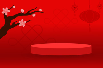 Product display mockup on a red background of Chinese New Year celebrations.