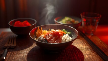 Warm steaming bowl of traditional Asian cuisine with fresh ingredients and side dishes on a wooden table