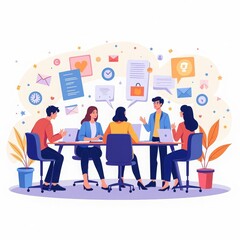 A modern office with a team, schedules and a clock on the wall. The background symbolizes the efficiency and time savings provided by household appliances for home and work.