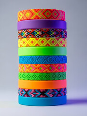 Colorful Woven Friendship Bracelets for Youth Day Celebration with Bright Ethnic Patterns Stacked on Neutral Background