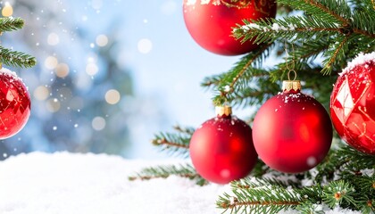 Festive Christmas tree branches with red baubles and fresh snow against a sparkling winter background with falling snowflakes and glowing bokeh lights.
