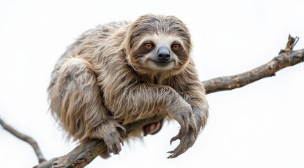 A sloth resting on a branch, on a white background. It is suitable for advertising silent household appliances, air conditioners or coffee machines that create an atmosphere of comfort and relaxation