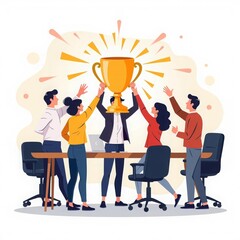 A group of people raises a gold cup against the background of charts. It is suitable for the promotion of technology with the best characteristics: energy efficiency, reliability, innovation