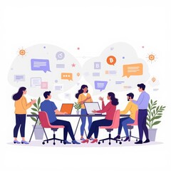 A modern office with a team, schedules and a clock on the wall. The background symbolizes the efficiency and time savings provided by household appliances for home and work.