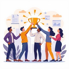 A group of people raises a gold cup against the background of charts. It is suitable for the promotion of technology with the best characteristics: energy efficiency, reliability, innovation