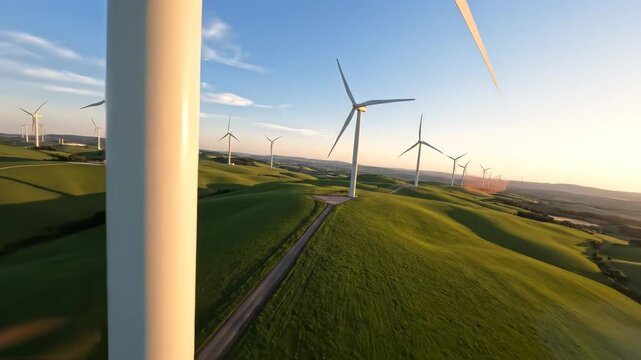 Wind turbines in green rolling hills