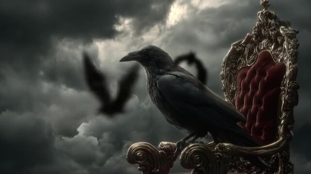 Raven perched on an ornate throne under stormy skies gothic grandeur amid somber clouds and thunder