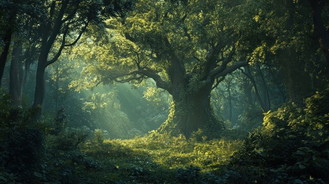 Lush forest bathed in morning light.  Ancient tree stands at the center