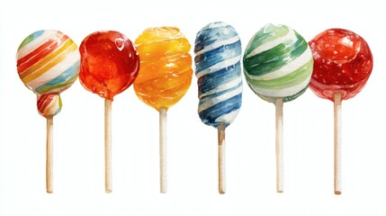 Rainbow swirl lollipop on a stick, twisted candy in watercolor style, isolated on a white background.