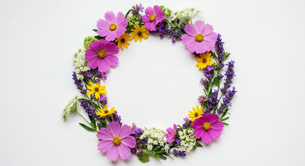 Frischer bunter Sommerblumenkranz auf reinwei�em Grund mit zarten Bl�ten lebendig arrangiert strahlt nat�rliche Sch�nheit aus. AI Generated