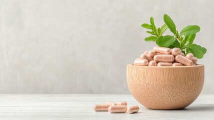 Natural health capsules and supplements in a wooden bowl with fresh green herb sprigs on a light neutral surface.