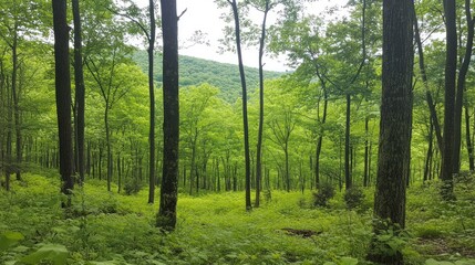 Lush forest floor with towering trees.  Dense foliage fills the valley