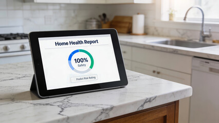Insurtech home health report on tablet shows ai prompts for safety with calm display on modern kitchen counter surface