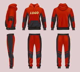 Sportswear. red color hoodie and pants different points of view. realistic template