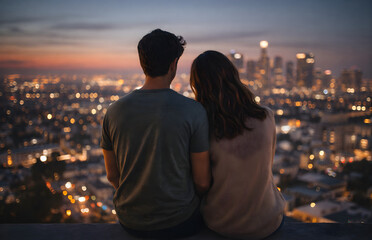 Romantic Couple Overlooking City Skyline at Sunset with Bokeh Lights
